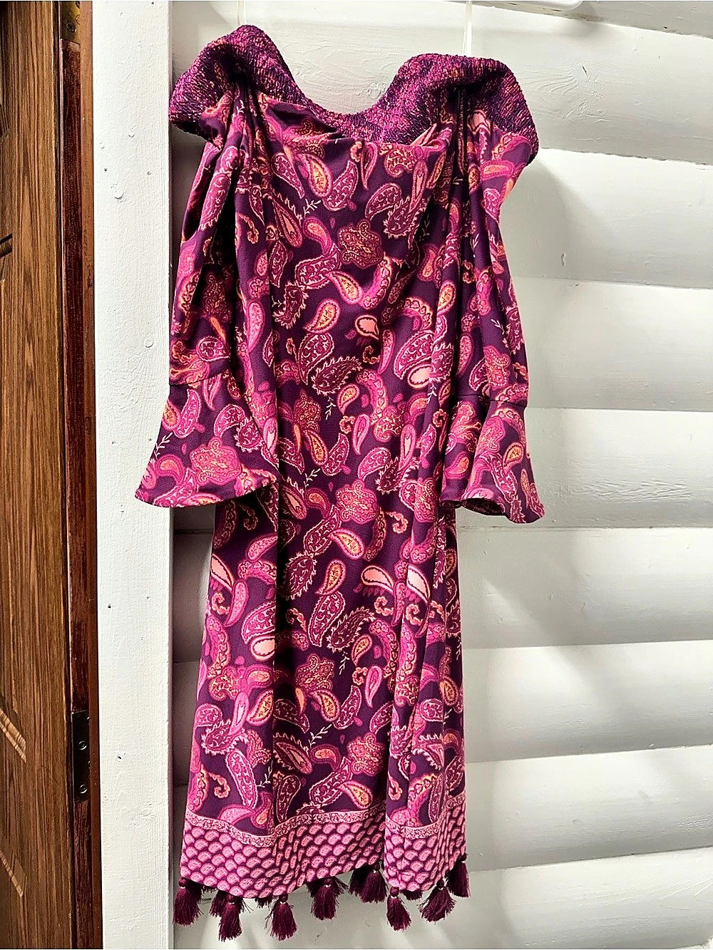 Paisley Long Dress in Pink & Purple Like New off the shoulder with fringe